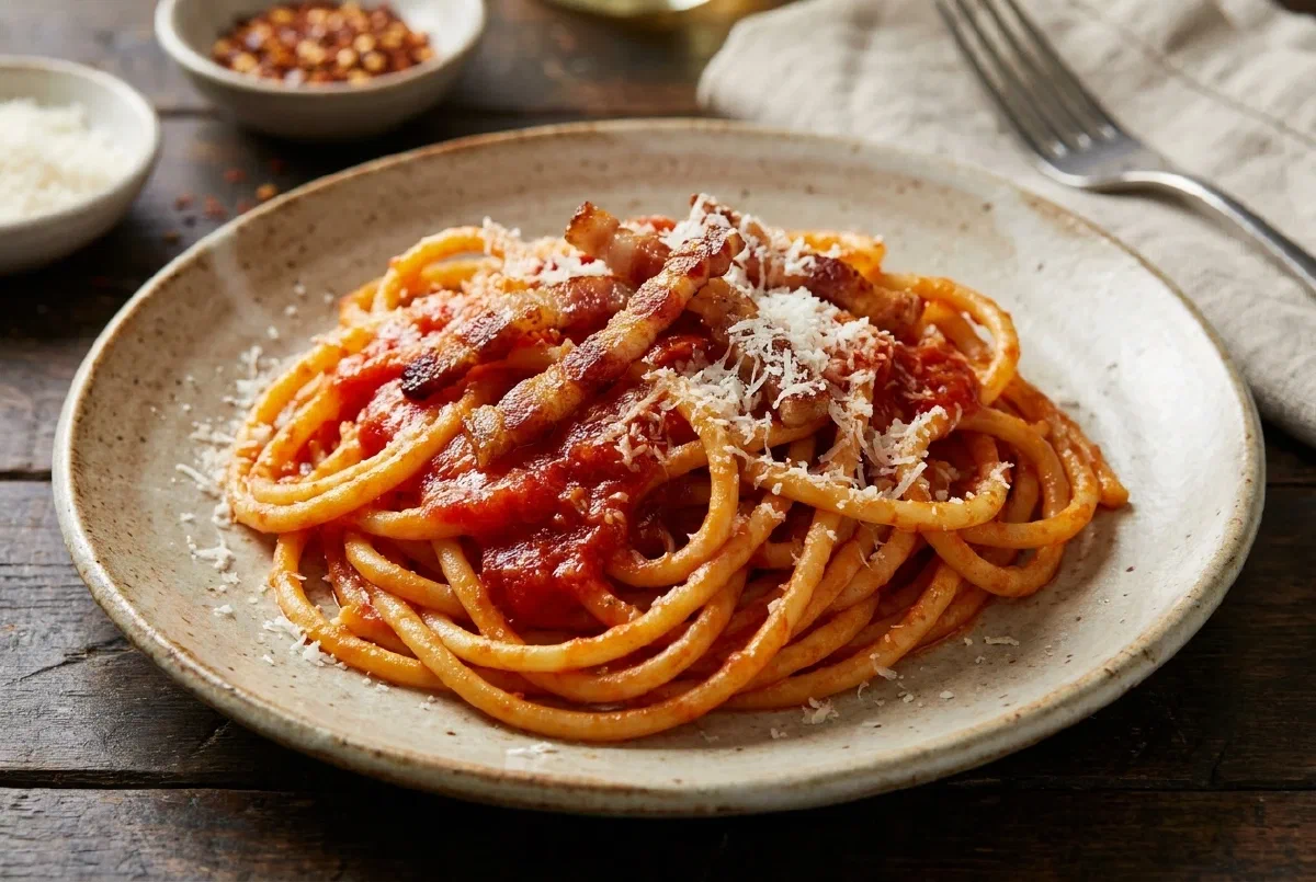 Amatriciana con guanciale, ricca e ben mantecata