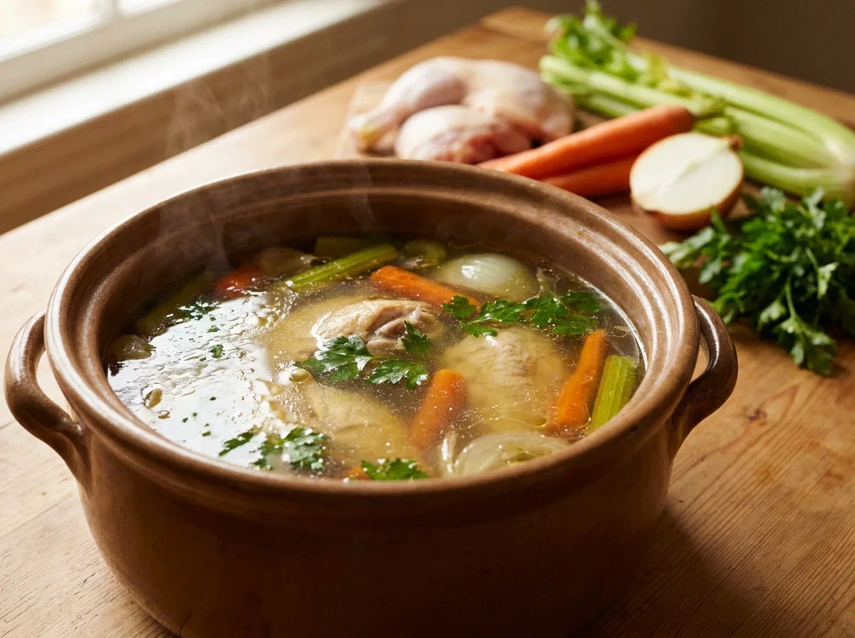 Brodo di pollo fatto in casa, limpido e saporito