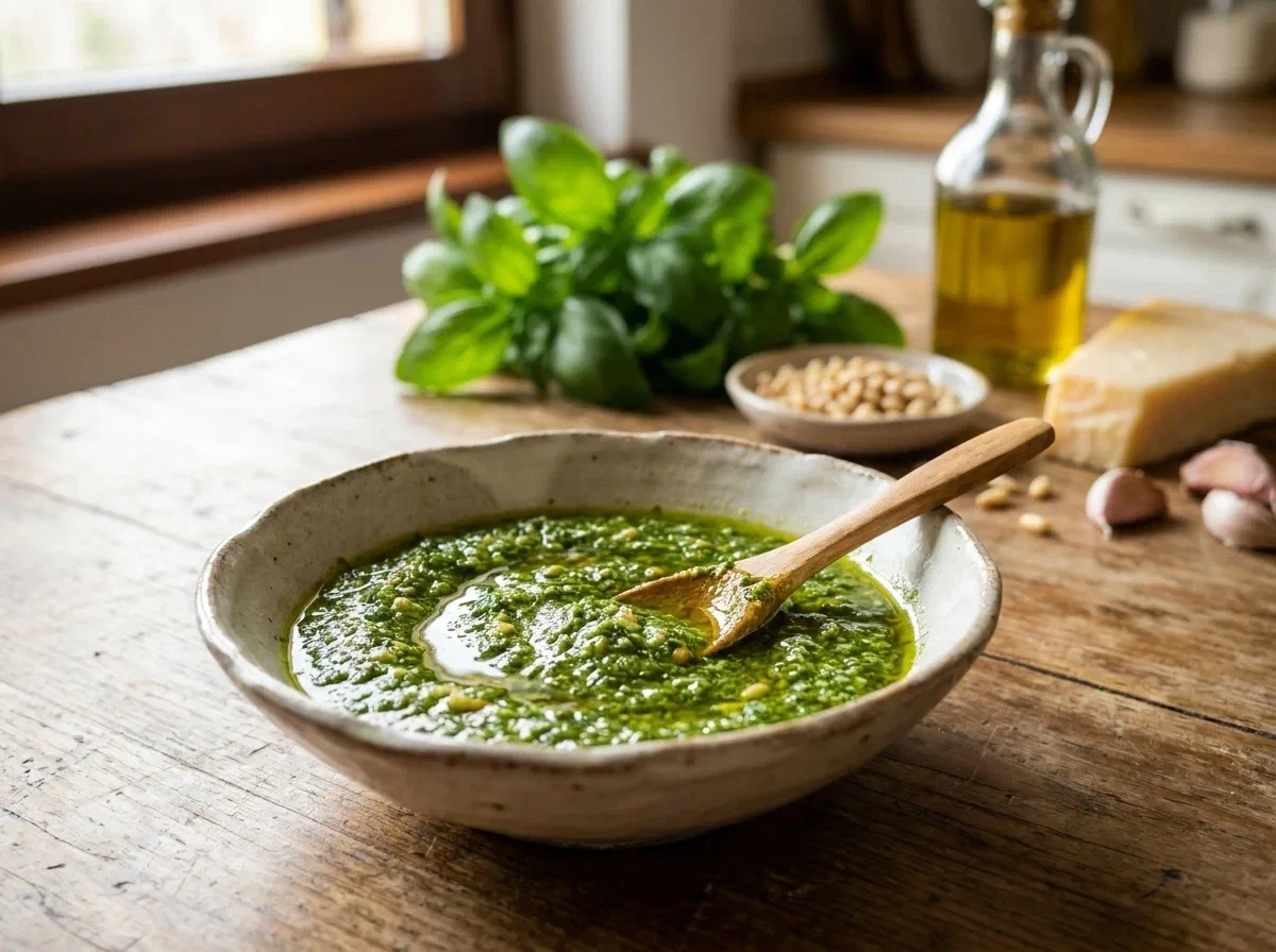 Pesto alla genovese fatto in casa con basilico e pinoli