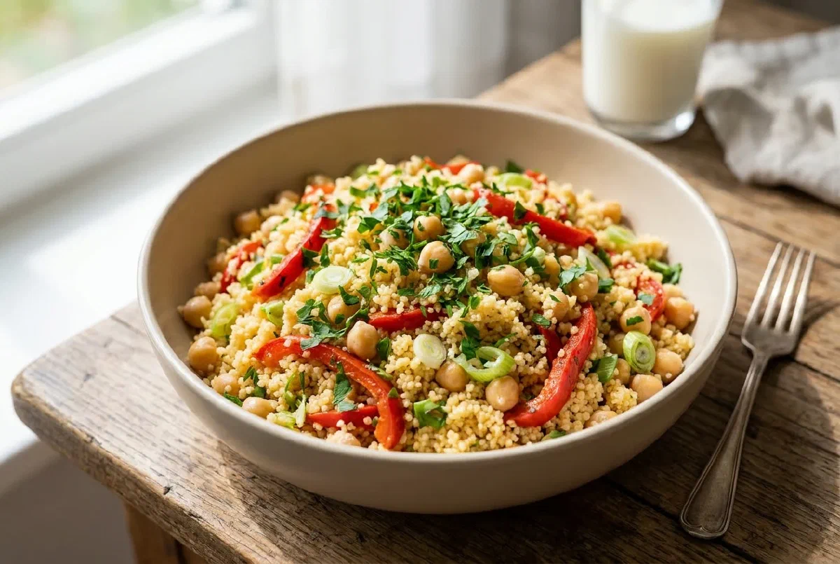 Cous cous con ceci, peperoni arrostiti e prezzemolo