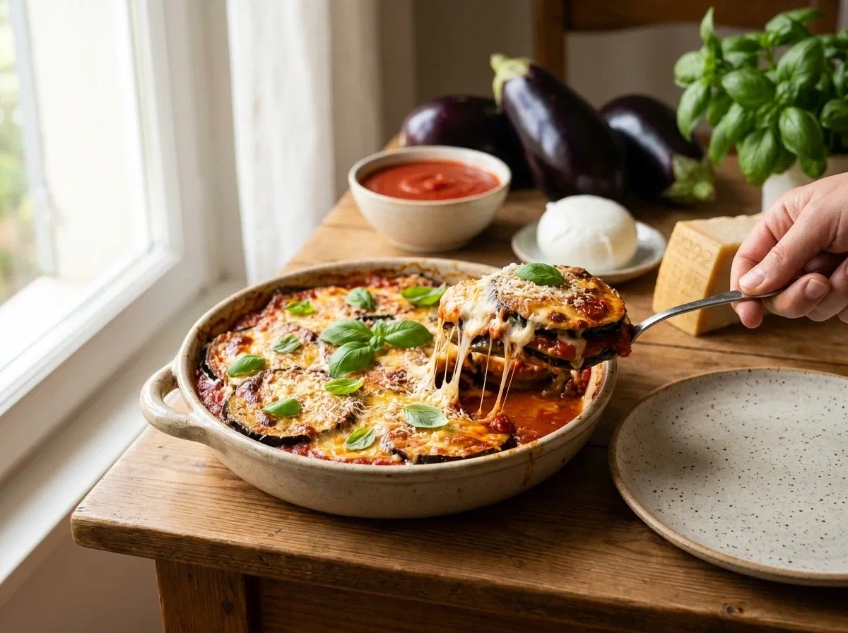 Parmigiana di melanzane al forno, filante e saporita