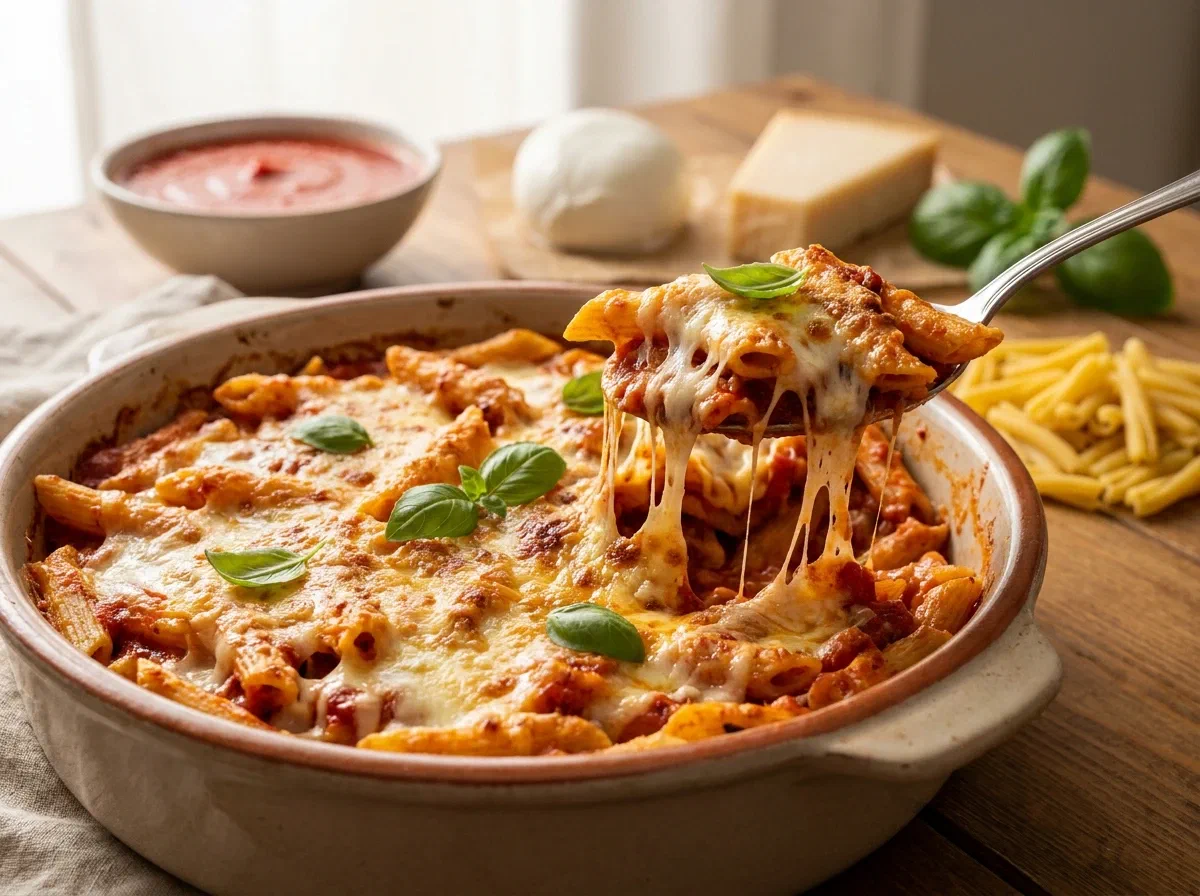 Pasta al forno filante con pomodoro e mozzarella