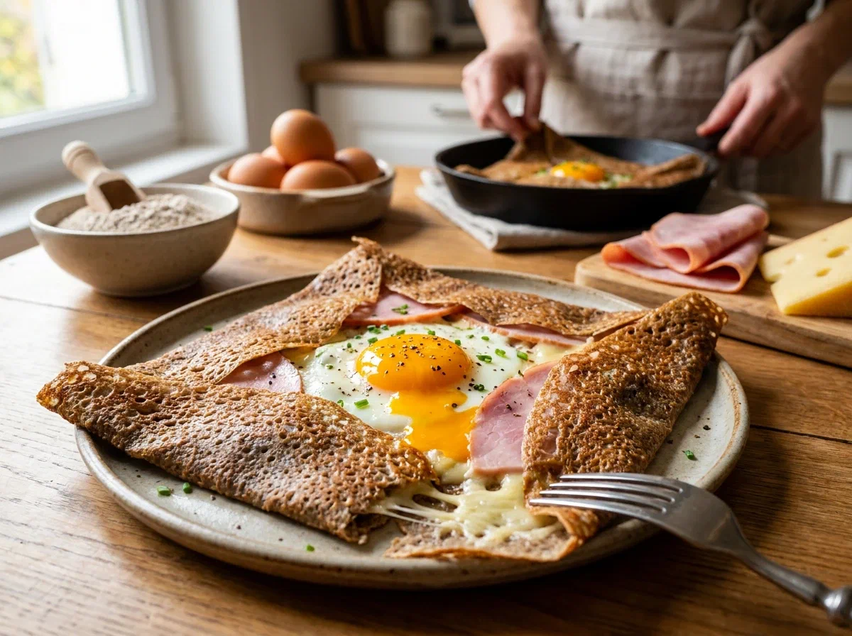 Galette bretone completa, con uovo, prosciutto e formaggio
