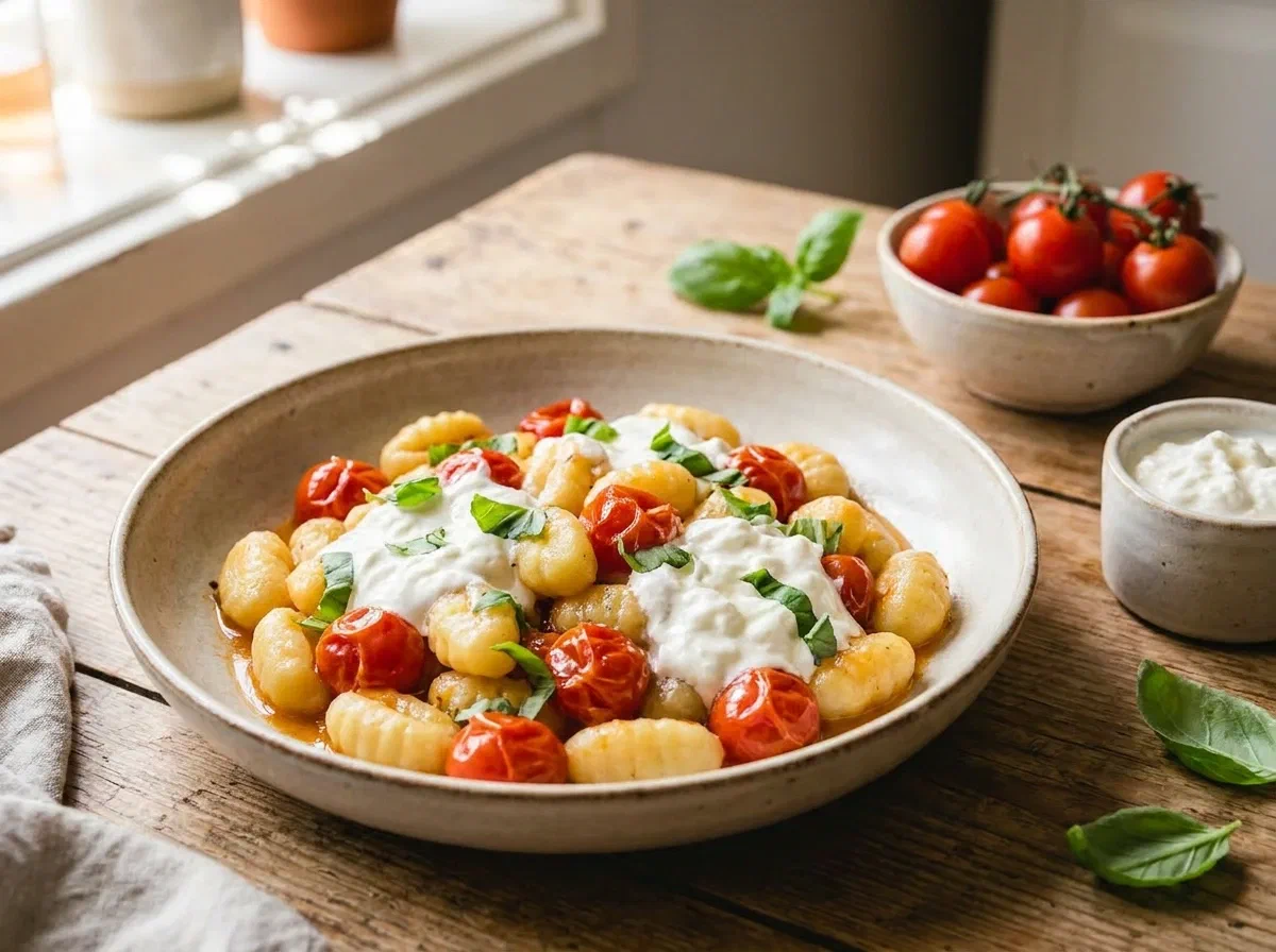 Gnocchi con pomodorini saltati e stracciatella