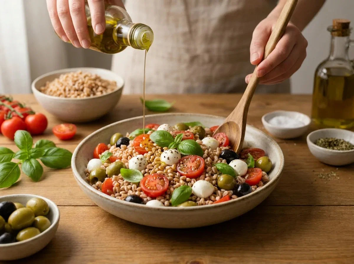 Insalata di farro estiva con pomodorini e mozzarella