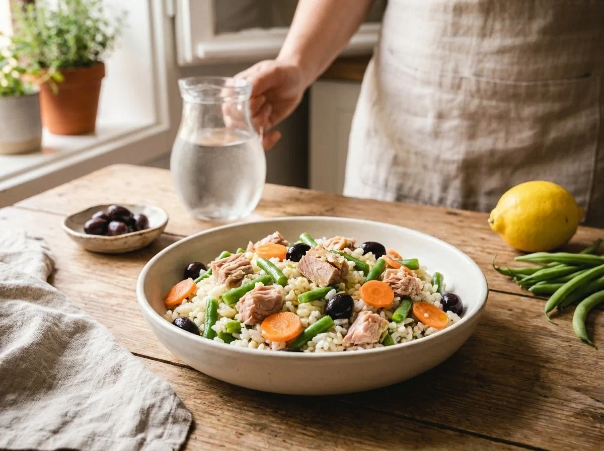 Insalata di riso con tonno, fagiolini e olive