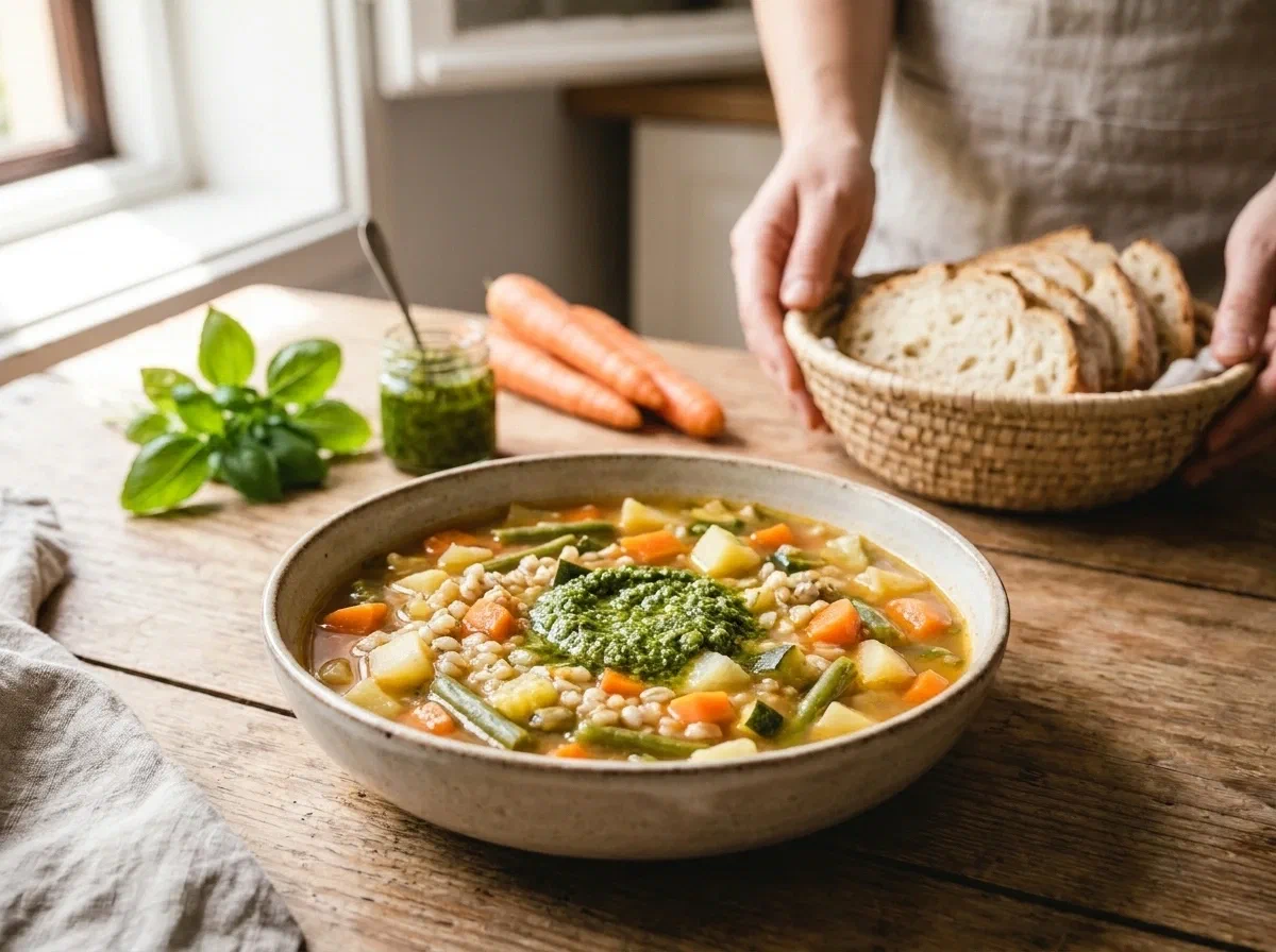 Minestrone di verdure con orzo e cucchiaio di pesto