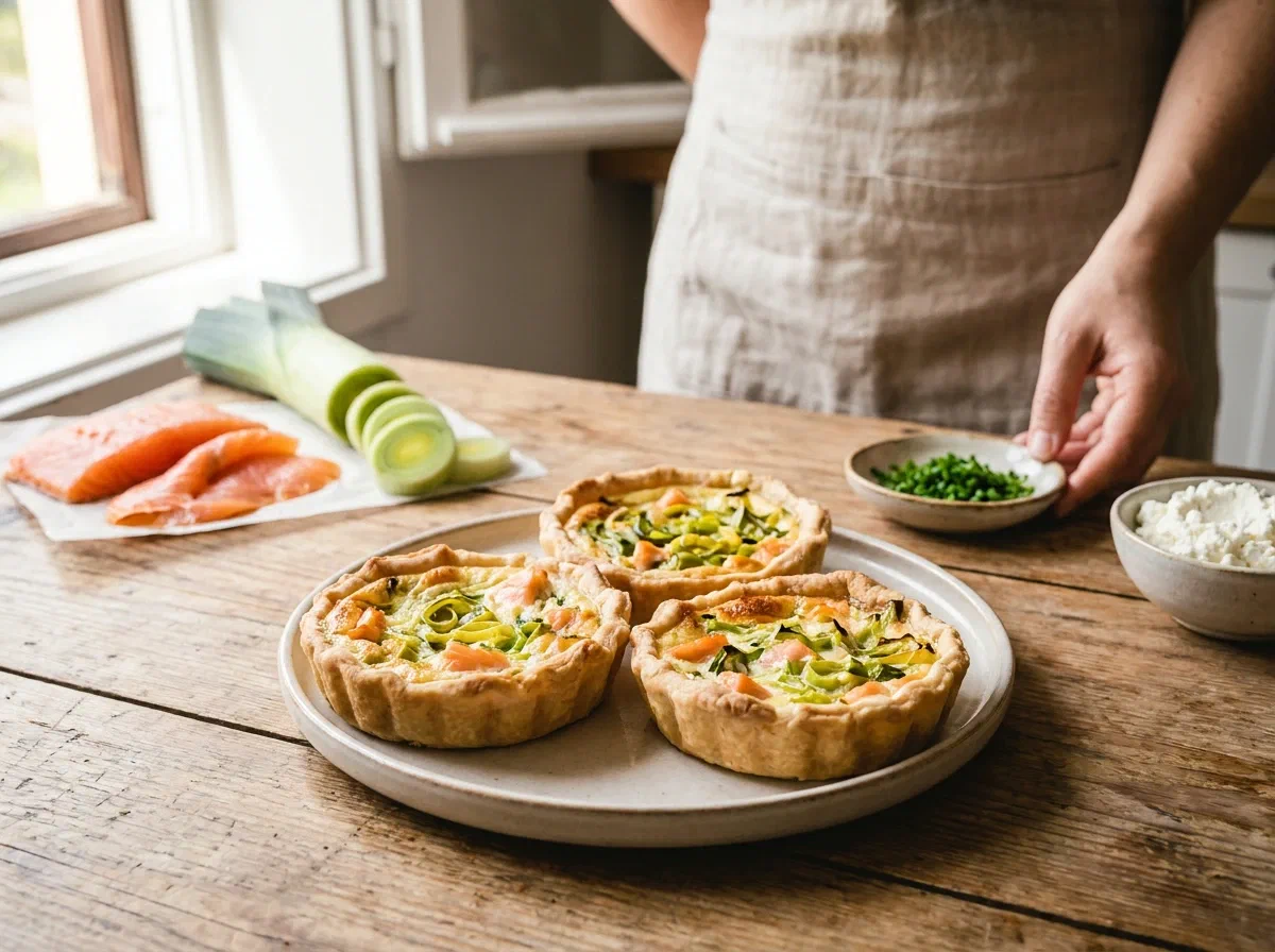 Mini tortini al salmone, ricotta e porri