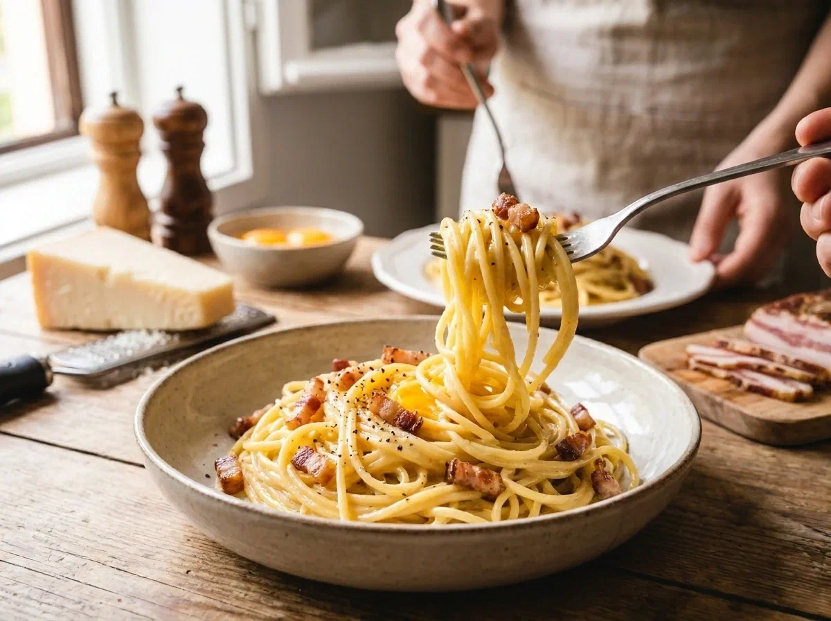 Spaghetti alla carbonara, cremosi e ben legati