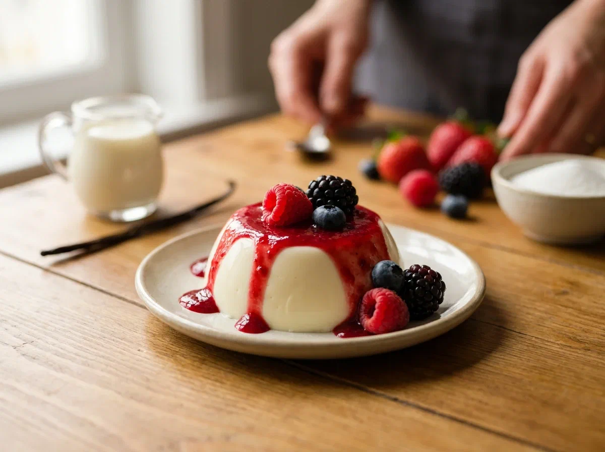Panna cotta classica alla vaniglia con coulis ai frutti di bosco