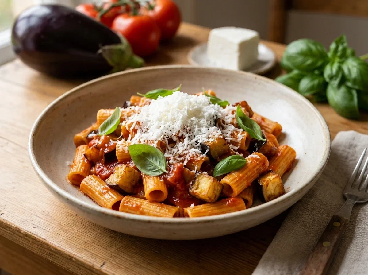 Pasta alla Norma siciliana con melanzane fritte e ricotta salata