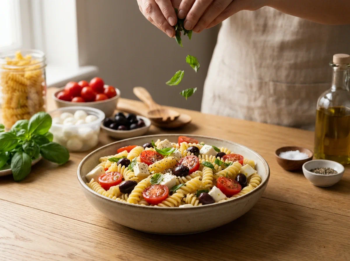 Pasta fredda con pomodorini, mozzarella e olive