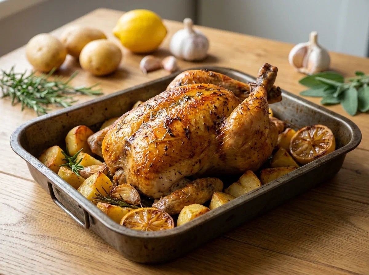 Pollo arrosto al forno con patate, dorato e croccante