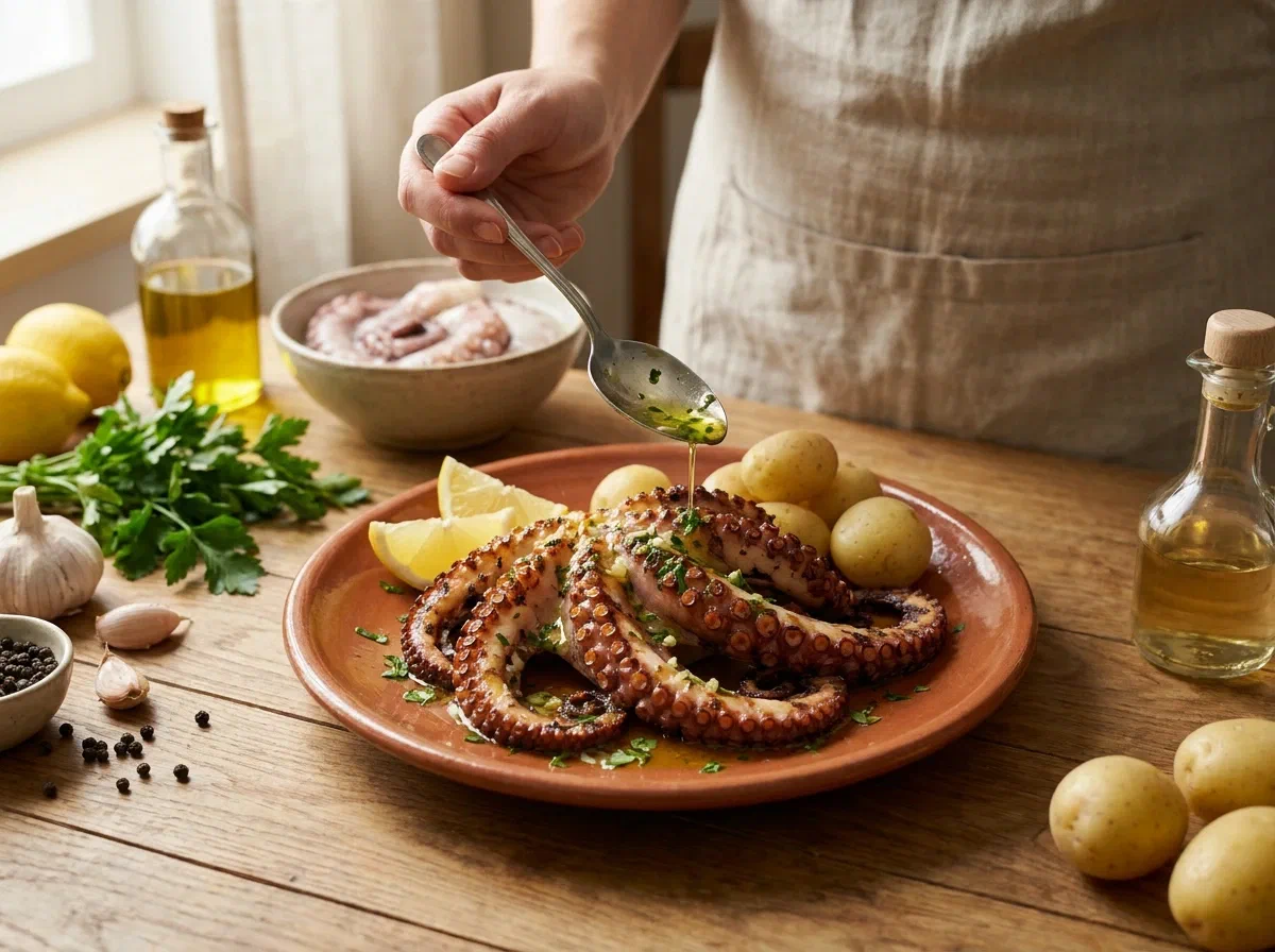 Polpo alla griglia tenero, con la doppia cottura