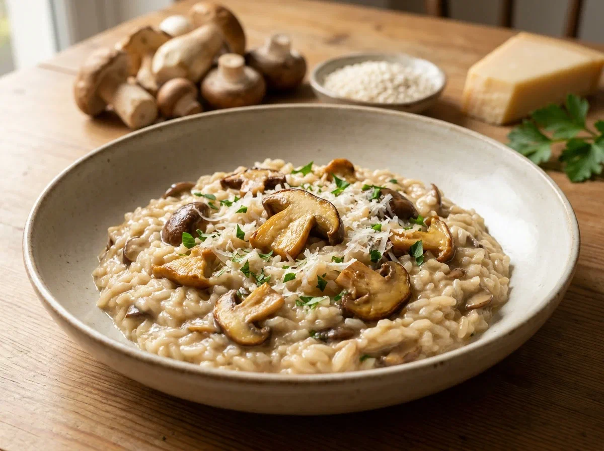 Risotto ai funghi cremoso, mantecato a regola d'arte