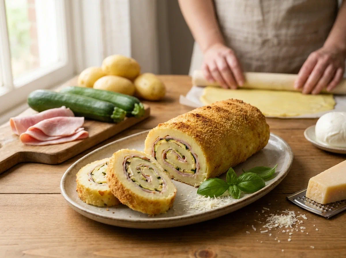 Rotolo di patate farcito con zucchine e prosciutto