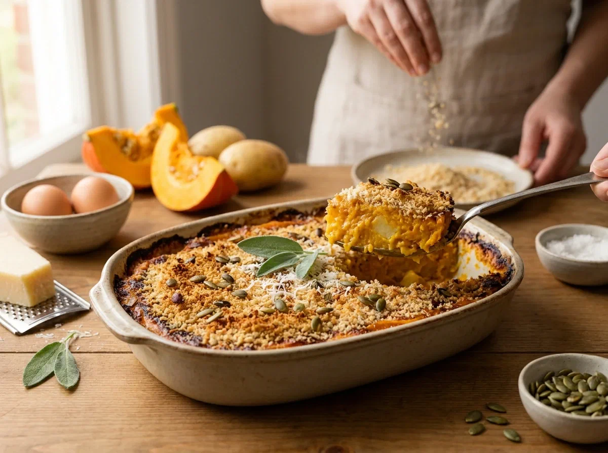 Sformato di zucca e patate senza besciamella, con crosta croccante