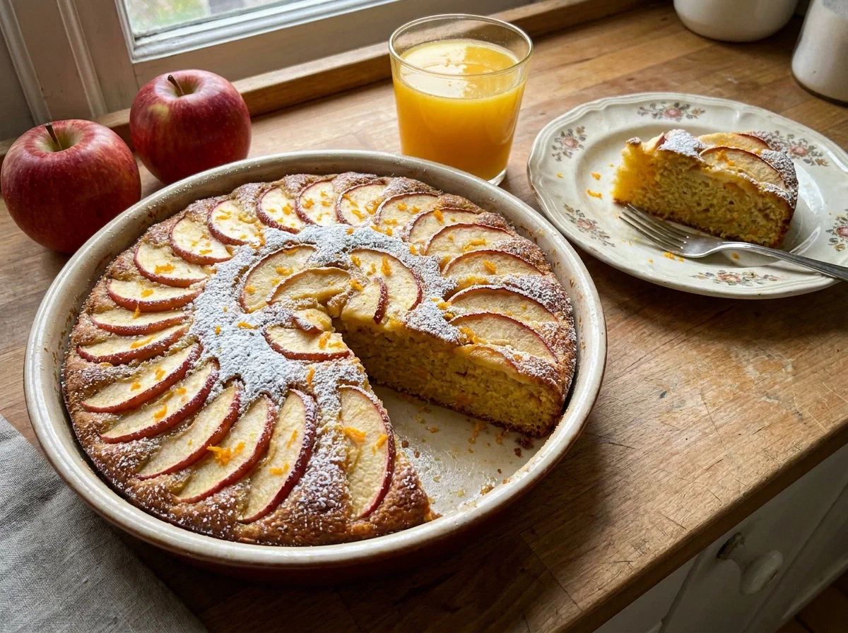 Torta di mele profumata con succo d'arancia, soffice e saporita