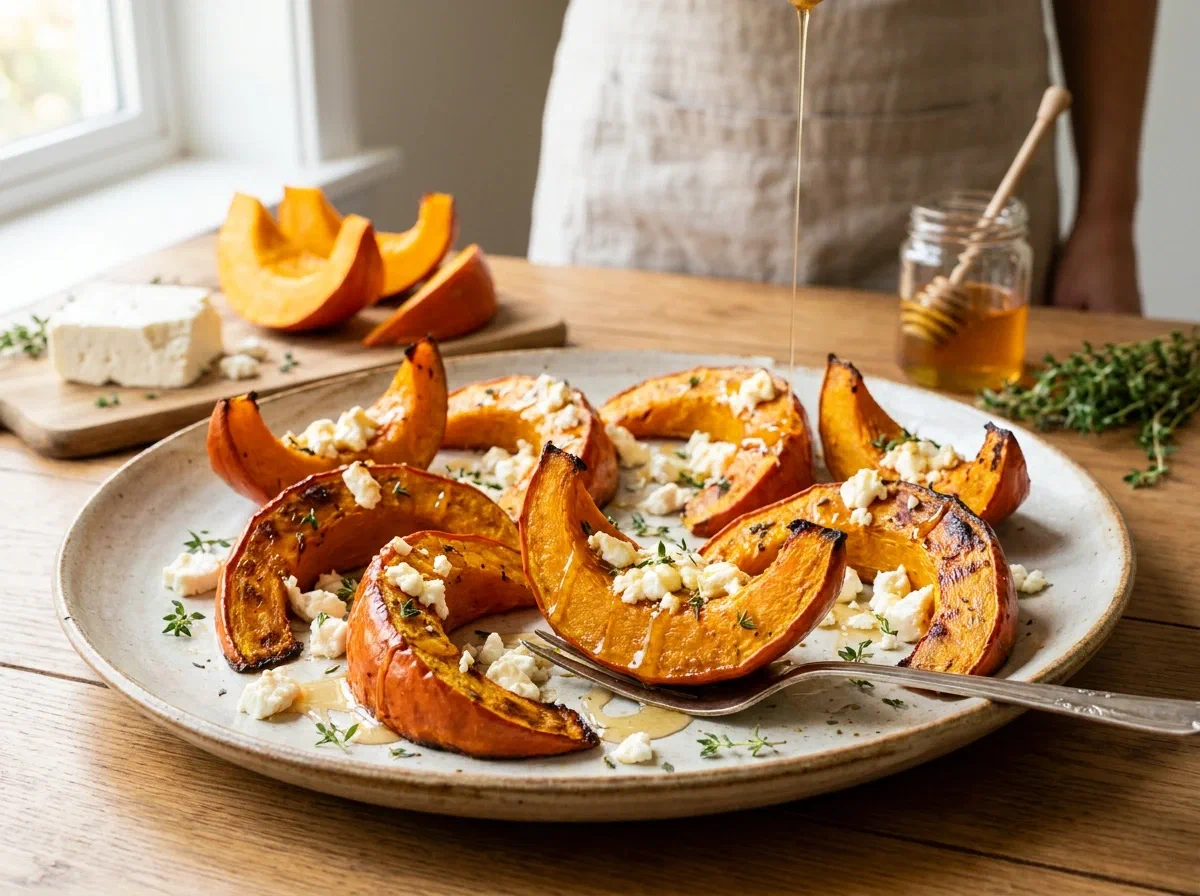 Zucca al forno con feta, miele e timo