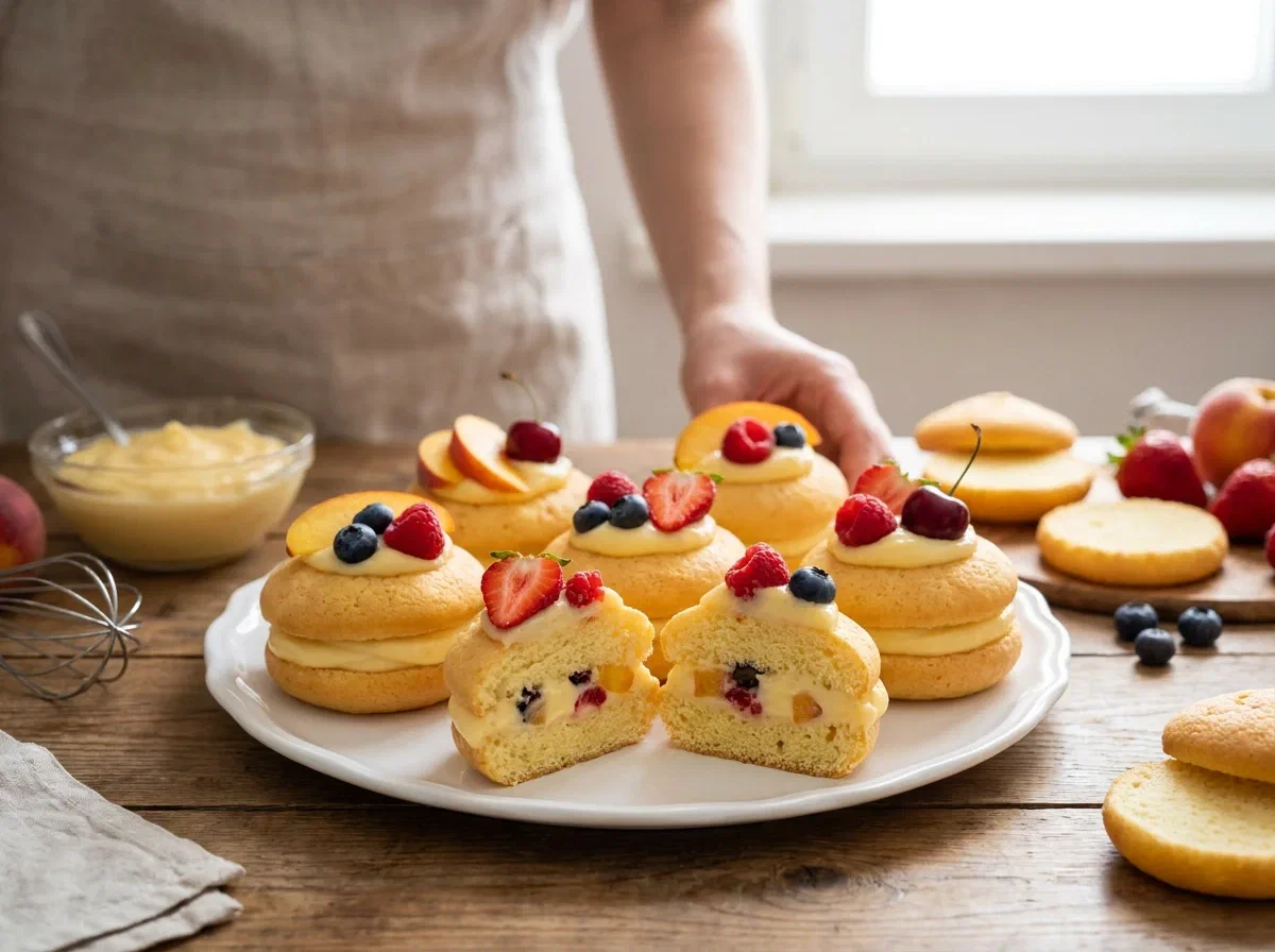 Sospiri con crema pasticcera e frutta di stagione