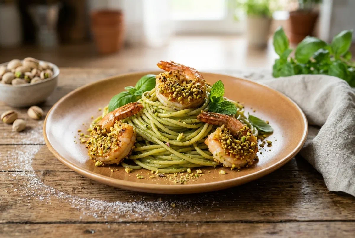 Spaghetti al pesto di pistacchi con gamberi impanati