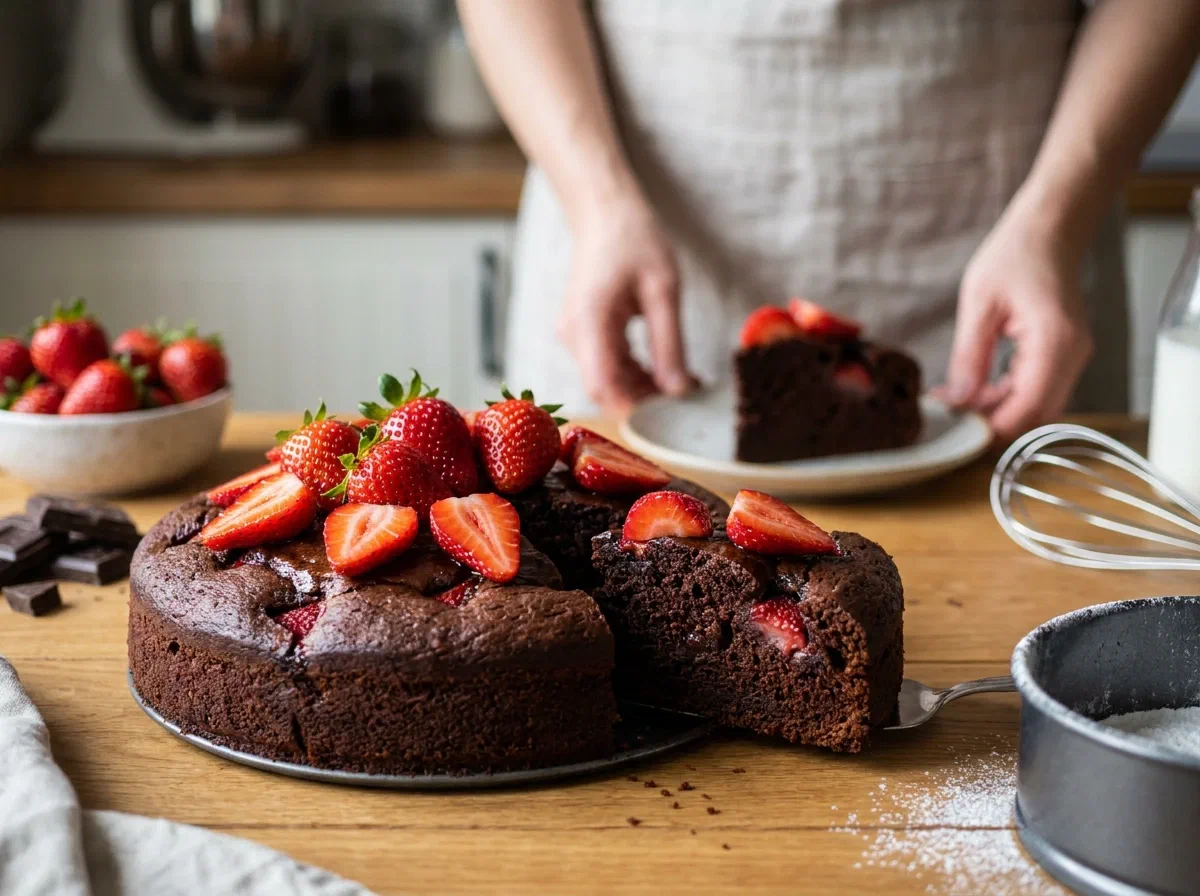 Torta al cioccolato e fragole, morbida e scenografica