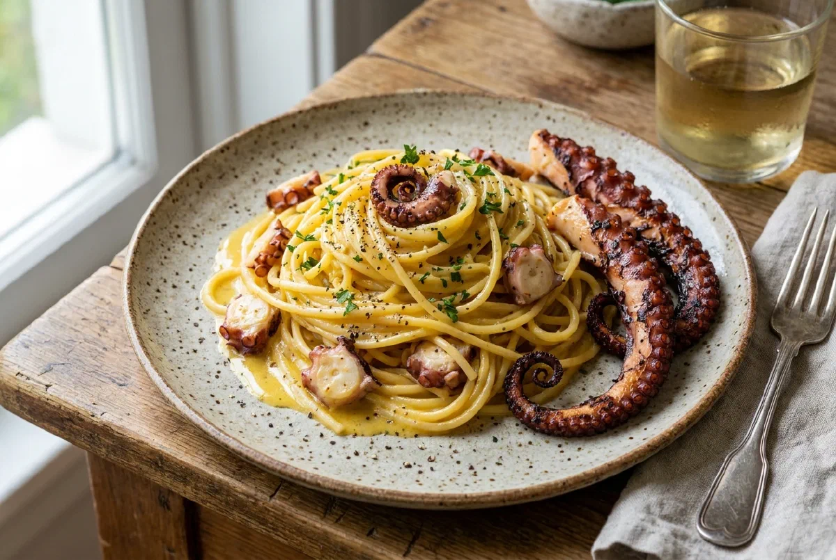 Carbonara di mare con polpo, cremosa e originale